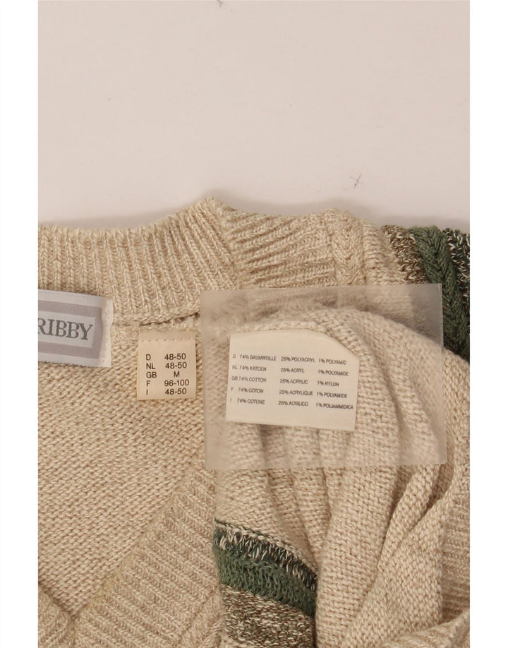 PETER GRIBBY Mens V-Neck Jumper Sweater Medium Beige Striped Cotton