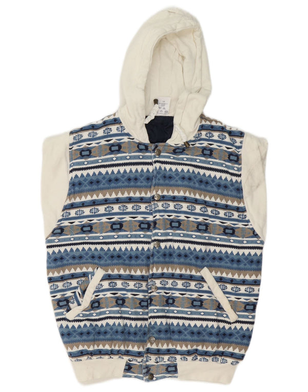Vintage Boys kapucnis párnázott Gilet 13-14 éves XL kék geometrikus pamut retro