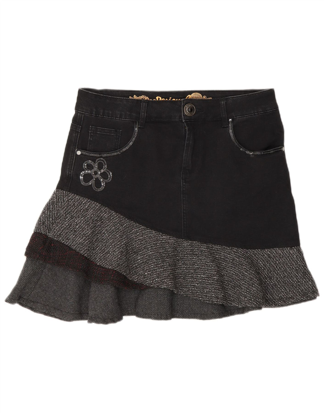 Desigual Damen Asymmetrischer Jeansrock EU 40 Medium W30 Graues Fischgrätenmuster