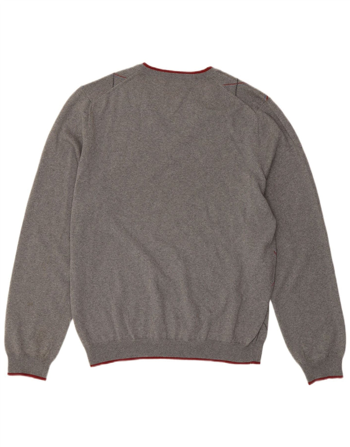 BROOKS BROTHERS Mens V-Neck Jumper Sweater Large Grey Argyle/Diamond