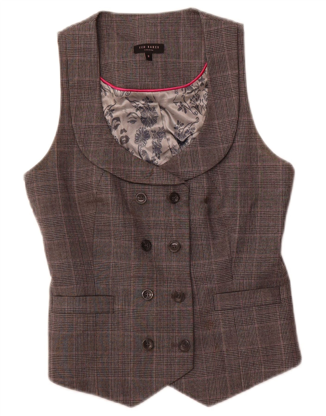 TED BAKER Womens Double Breasted Waistcoat Size 2 Small Grey Check Wool