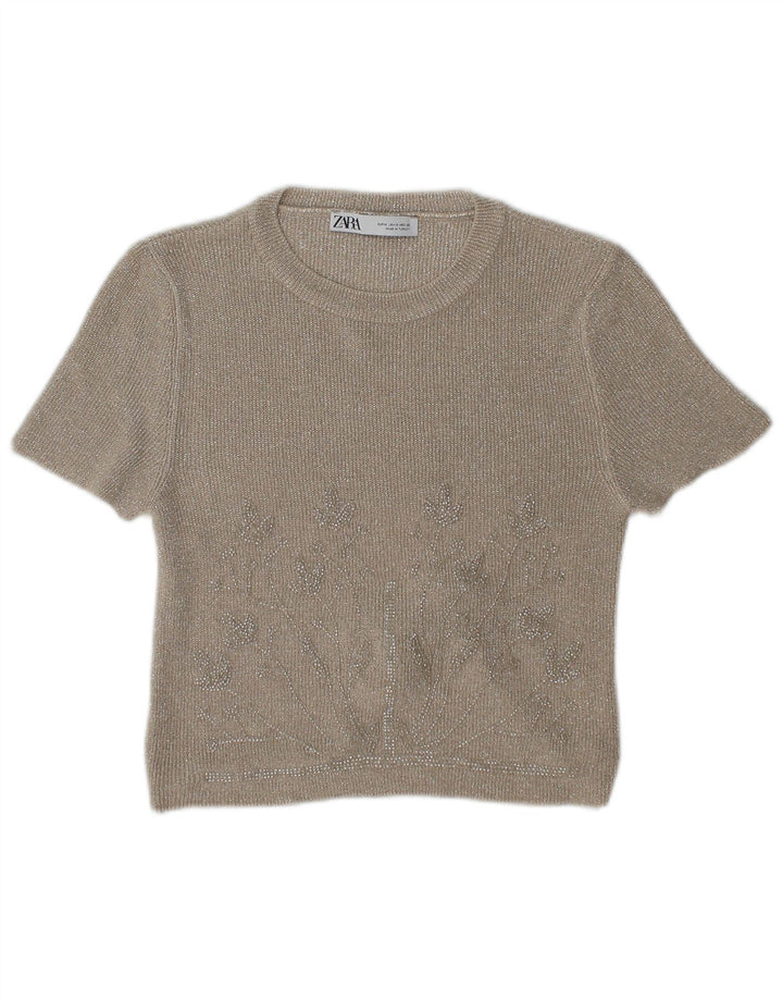 Zara Womens Crop Blouse Top UK 12 Medium Beige