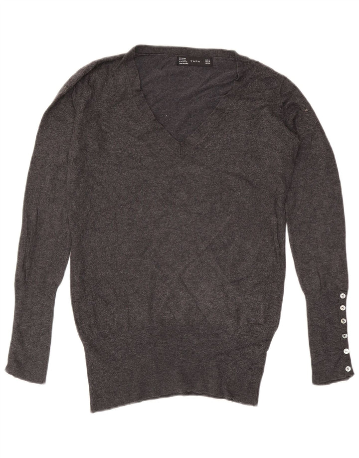 ZARA Womens V-Neck Jumper Sweater UK 14 Medium Grey Rayon