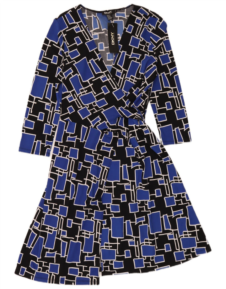 Dkny Womens 3/4 Sleeve Wrap Dress One Size Blue Geometric Polyester