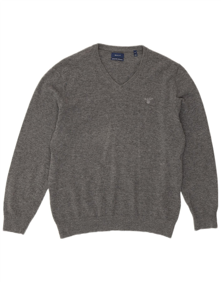 GANT Mens V-Neck Jumper Sweater XL Grey Lambswool