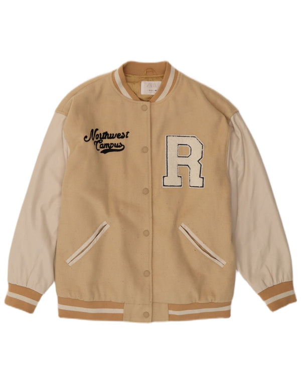 Zara Girls Graphic Varsity Jacket 13-14 Years Beige Colourblock Polyester