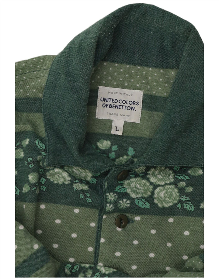 BENETTON Mens Polo Shirt Large Green Floral