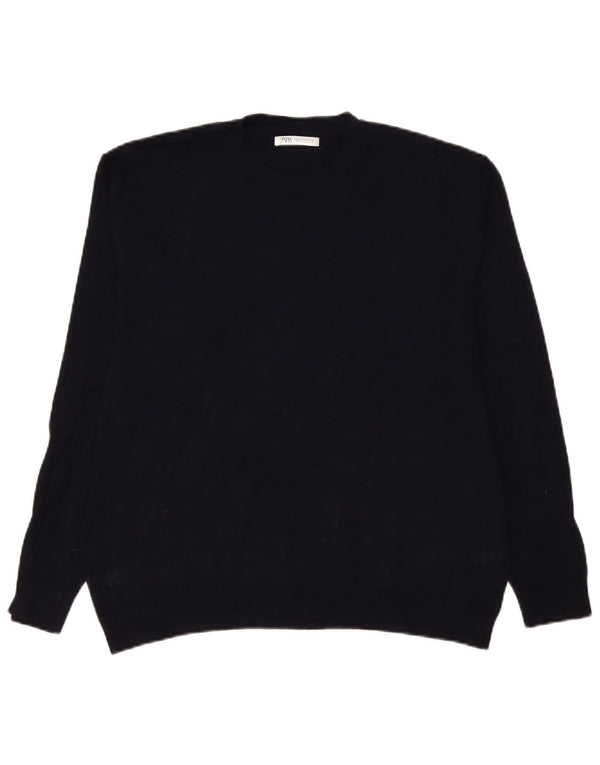 Zara Mens Crew Neck Jumper Sweater Medium Navy Blue Viscose