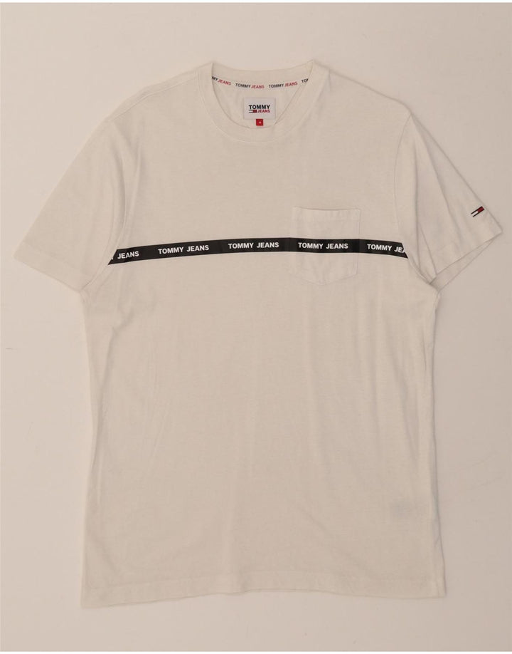 TOMMY HILFIGER Mens Graphic T-Shirt Top Medium White Cotton Vintage Tommy Hilfiger and Second-Hand Tommy Hilfiger from Messina Hembry 
