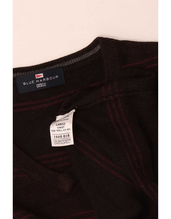 Marks & Spencer Mens Blue Harbour V-Neck Jumper Sweater Large Brown Striped