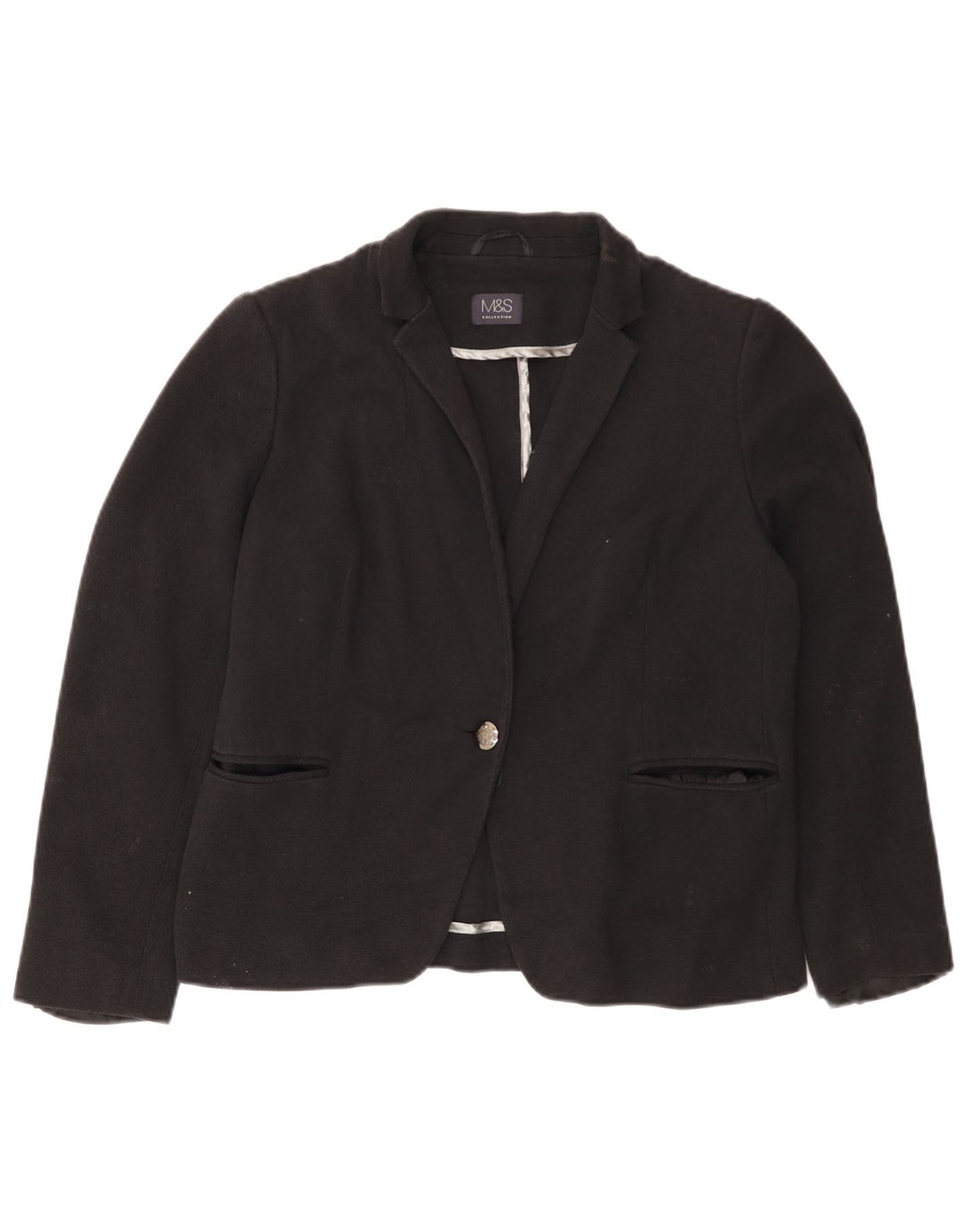MARKS & SPENCER Womens 1 Button Blazer Jacket UK 16 Large Black Cotton
