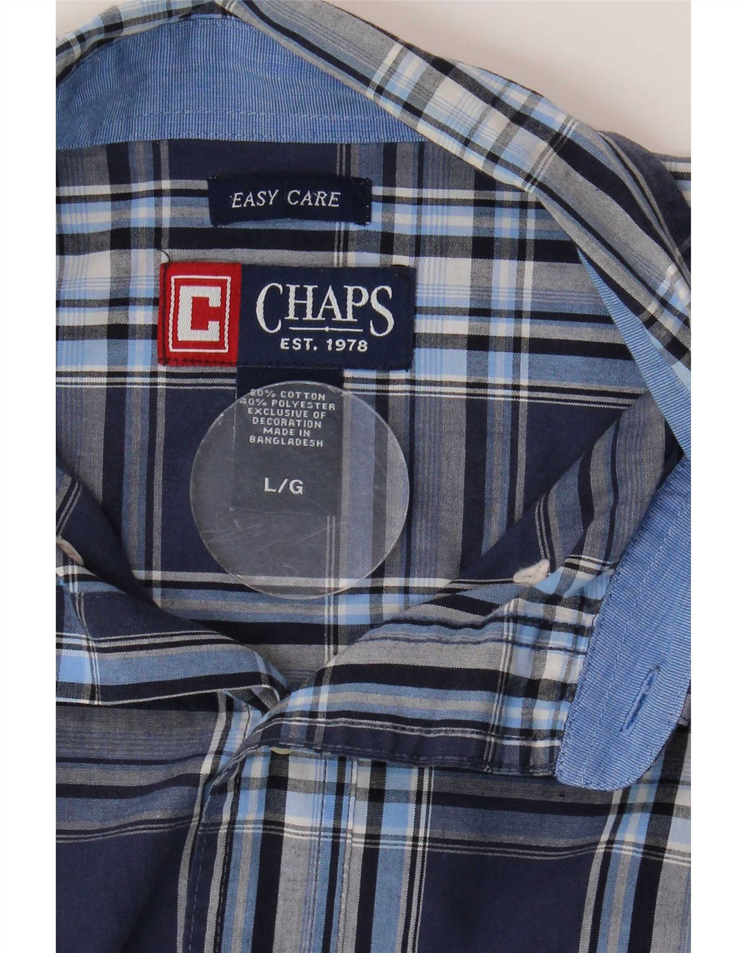 Chaps Mens Easy Care Short Sleeve Shirt Large Navy Blue Check Cotton