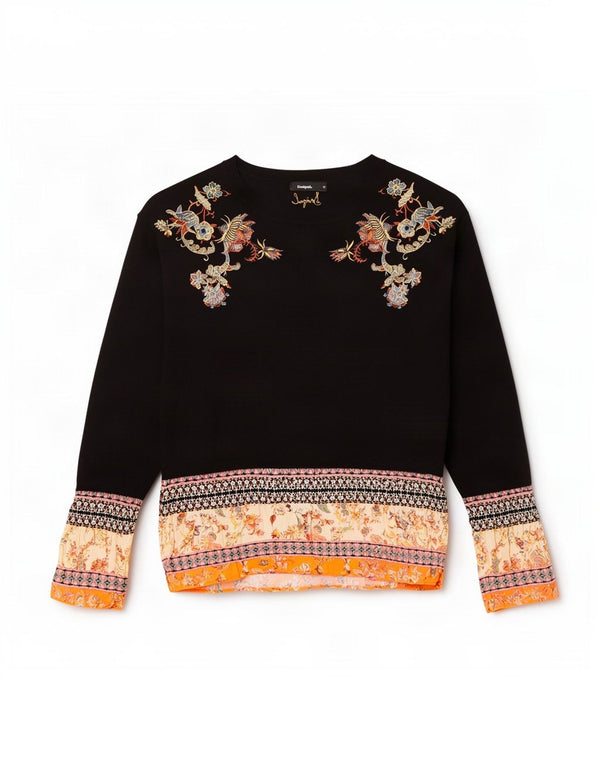 Desigual Womens Boat Neck Jumper Sweater UK 12 Medium Black Floral