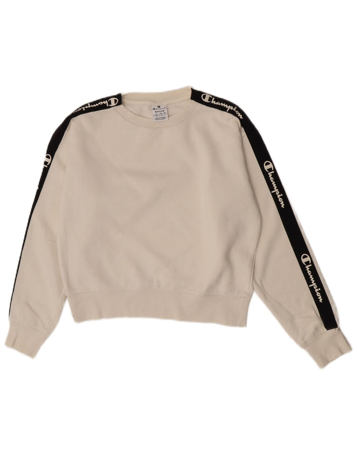 Champion Womens Crop Graphic Sweatshirt Jumper UK 14 Medium Off White