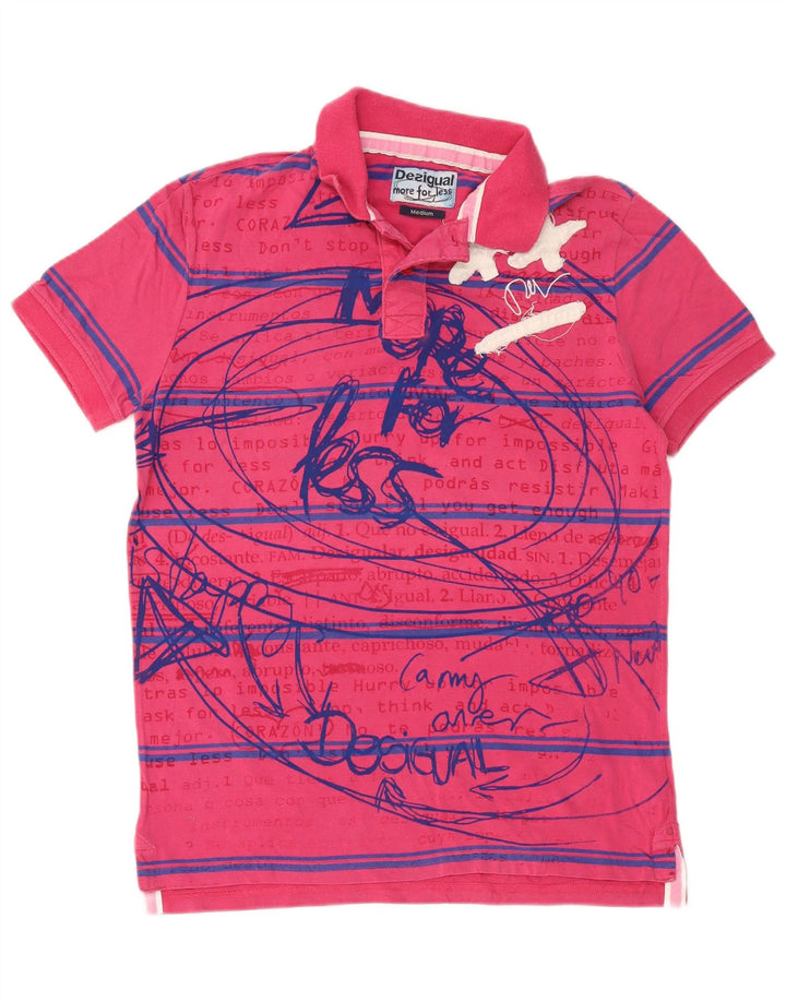 Desigual Mens Graphic Polo Shirt Medium Pink Striped Cotton