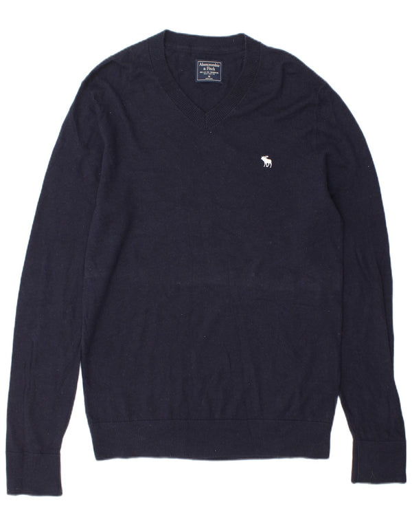 Abercrombie & Fitch Mens V-Neck Jumper Sweater Medium Navy Blue Wool