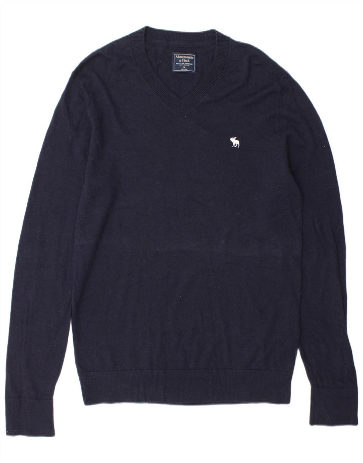 Abercrombie & Fitch Mens V-Neck Jumper Sweater Medium Navy Blue Wool