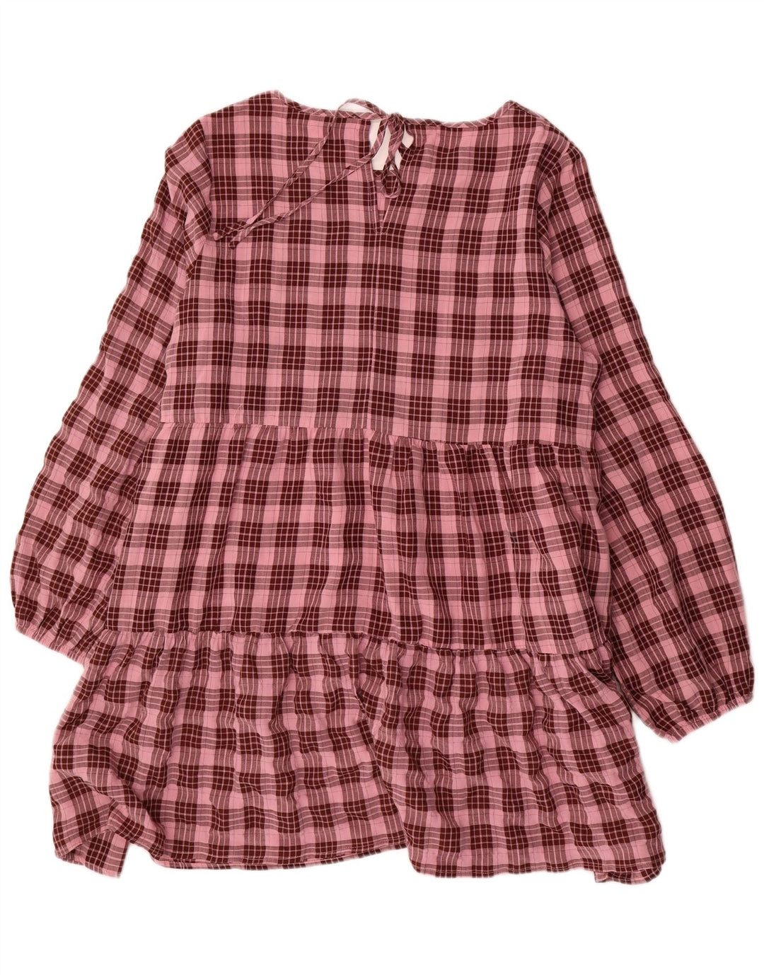 Oasis Womens Long Sleeve Tiered Dress UK 16 Large Pink Check Polyester