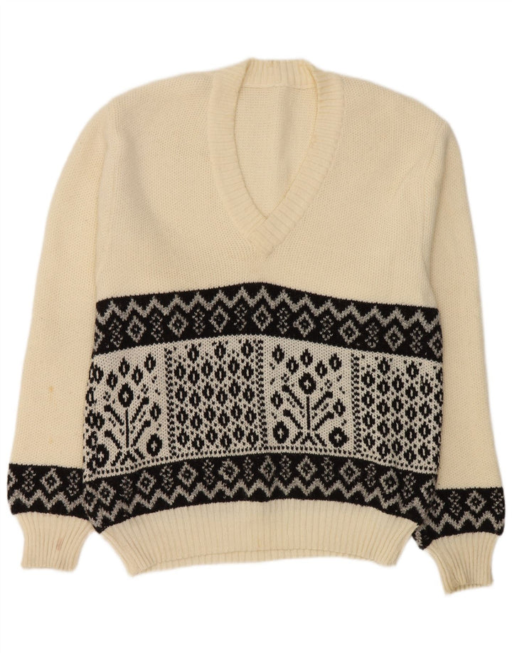 Vintage Mens V-Neck Jumper Sweater Medium White Geometric