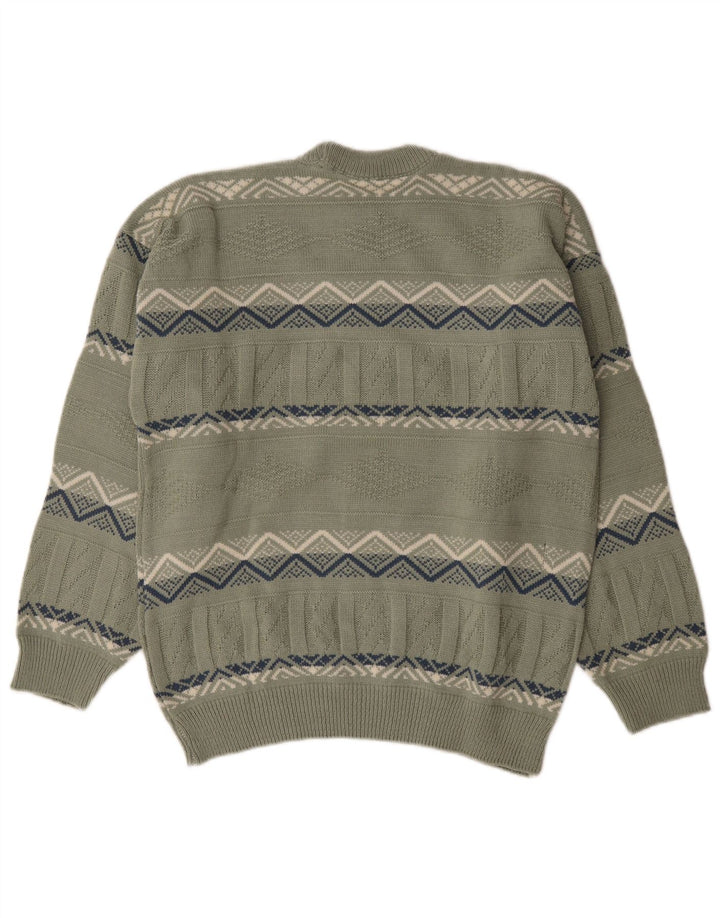 Vintage mænd med rund hals sweater Medium Khaki geometrisk bomuld