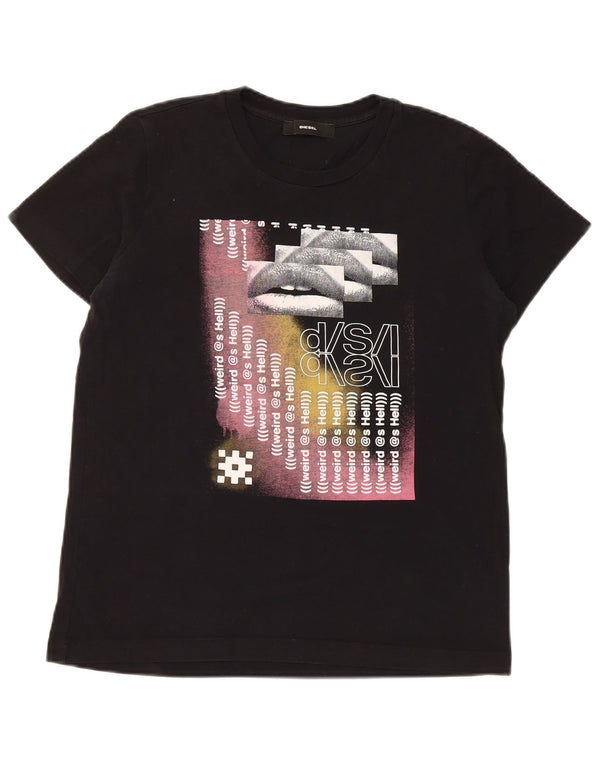Diesel Γυναικείο γραφικό T-Shirt Top UK 10 Small Black Βαμβακερό