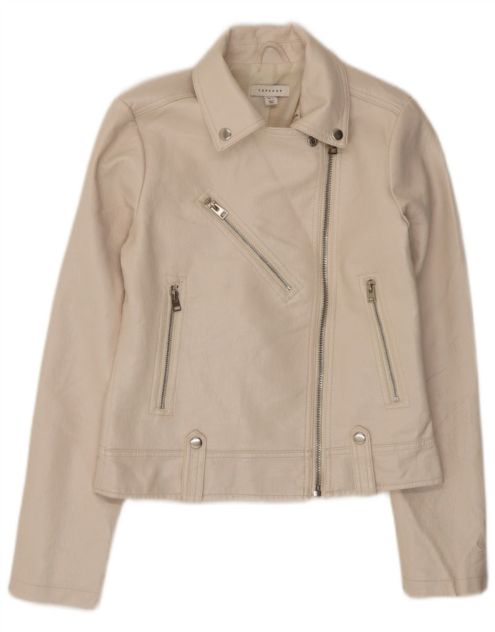 Topshop Womens Faux Leather Biker Jacket UK 8 Small Off White Polyurethane