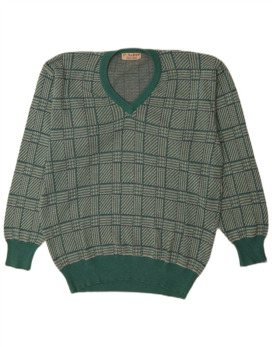 St. Andrews Herre V-hals trøje Sweater Large Green Houndstooth