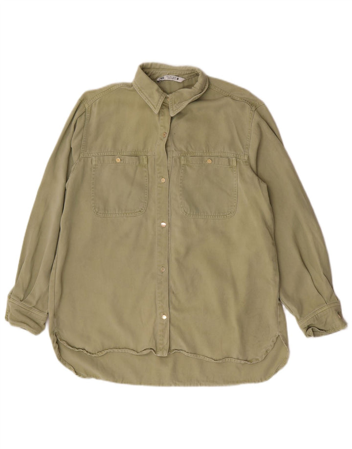 Zara Womens Oversized Denim Shirt UK 10 Small Khaki Lyocell