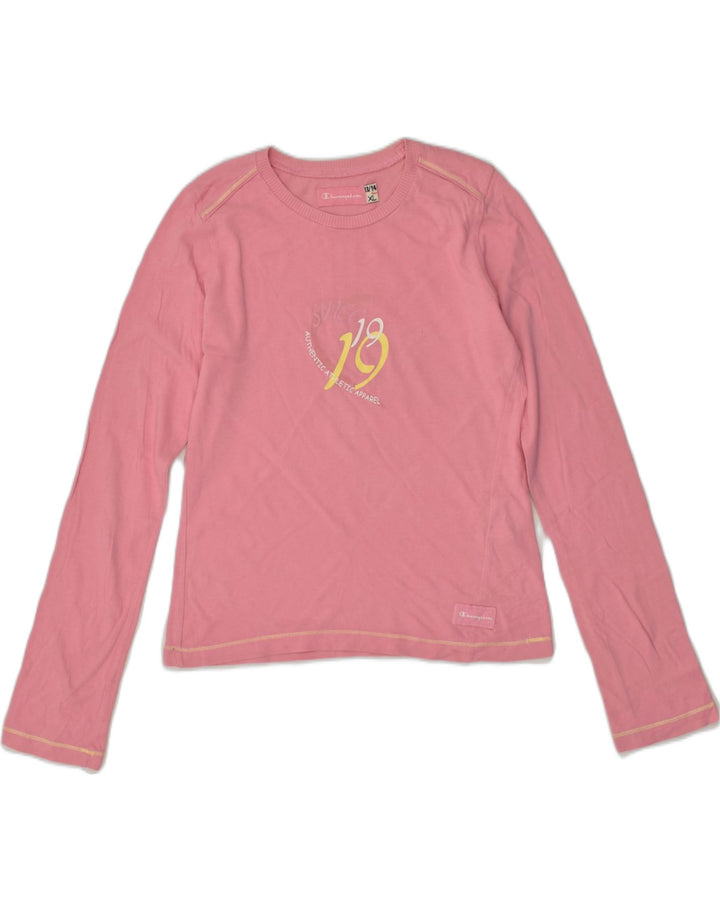 CHAMPION Girls Graphic Top Long Sleeve 13-14 Years XL Pink Cotton | Vintage Champion | Thrift | Second-Hand Champion | Used Clothing | Messina Hembry 