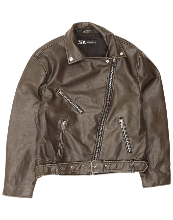 Zara Veste de motard surdimensionnée en cuir pour femme UK 10 Petit Marron Polyester