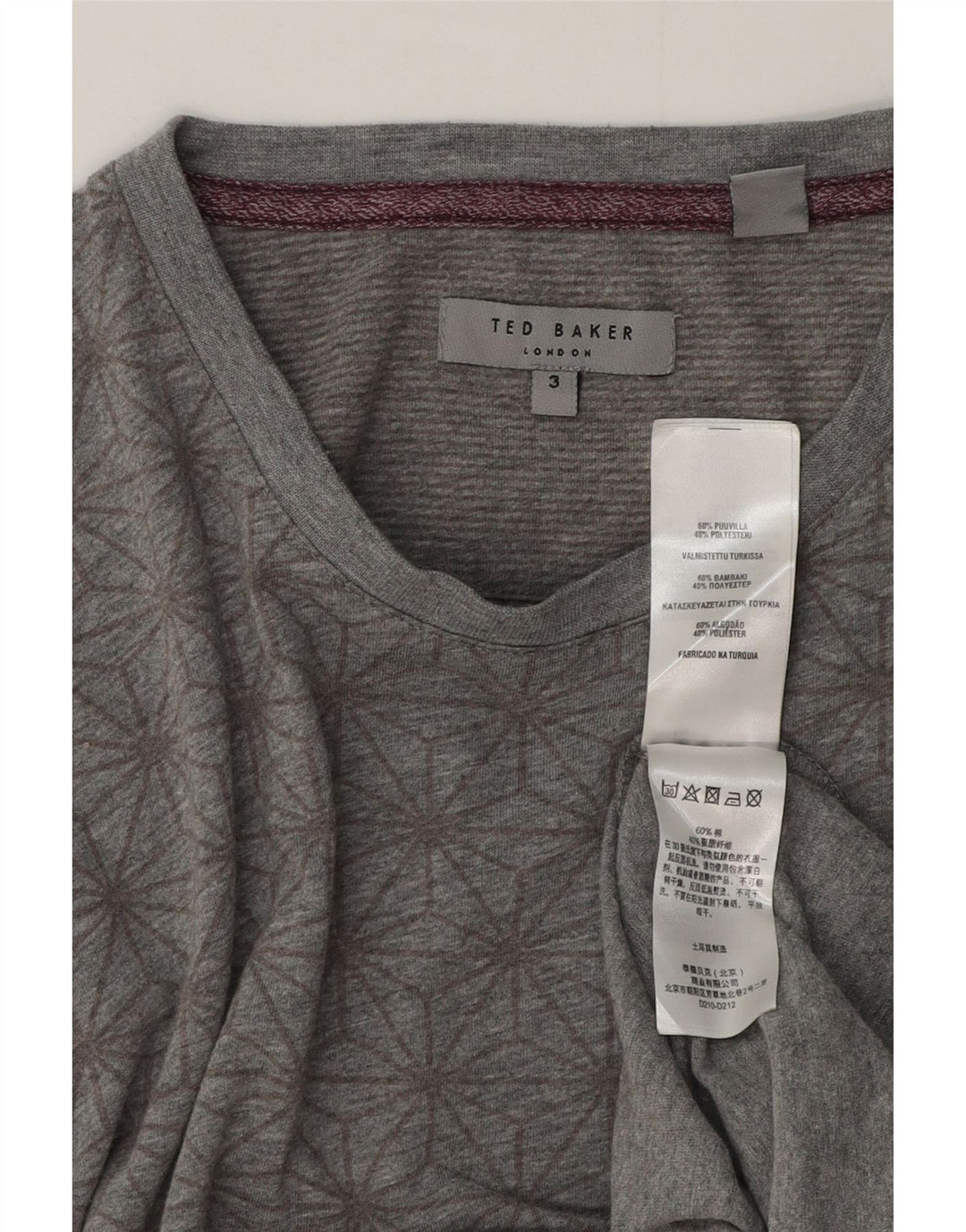 Ted Baker Mens Graphic T-Shirt Top Size 3 Medium Grey Geometric Cotton