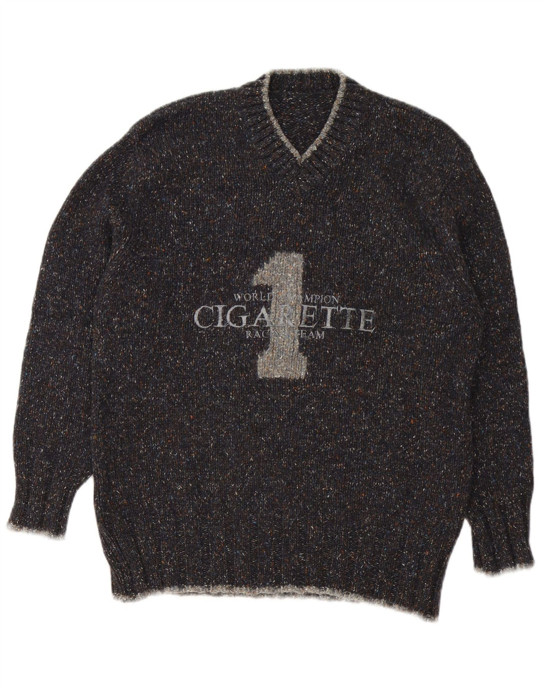 Vintage Mens Cigarette Graphic V-Neck Jumper Sweater Medium Grey Flecked