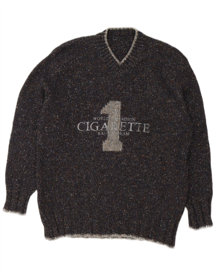 Vintage Mens Cigarette Graphic V-Neck Jumper Sweater Medium Grey Flecked