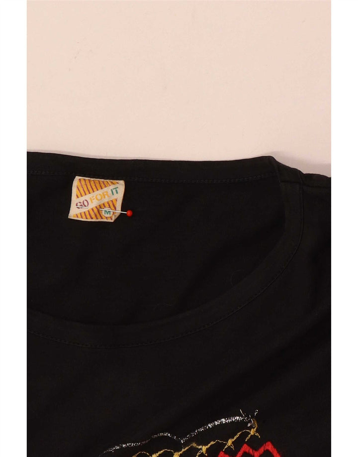 Vintage Womens Graphic Top 3/4 Sleeve UK 14 Medium Black Cotton