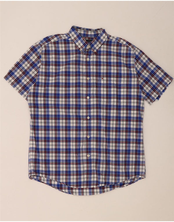 Tommy Hilfiger Chemise classique à manches courtes pour homme en coton à carreaux bleus