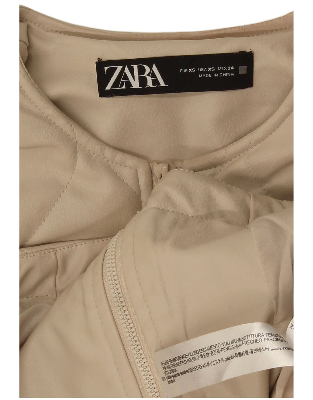 Zara Womens Oversized Faux Leather Quilted Jacket UK 6 XS Beige Polyester