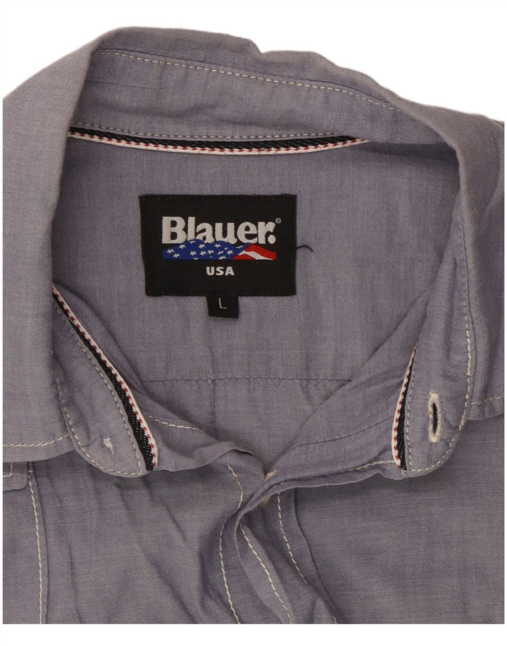 BLAUER Mens Short Sleeve Military Shirt Large Blue Cotton