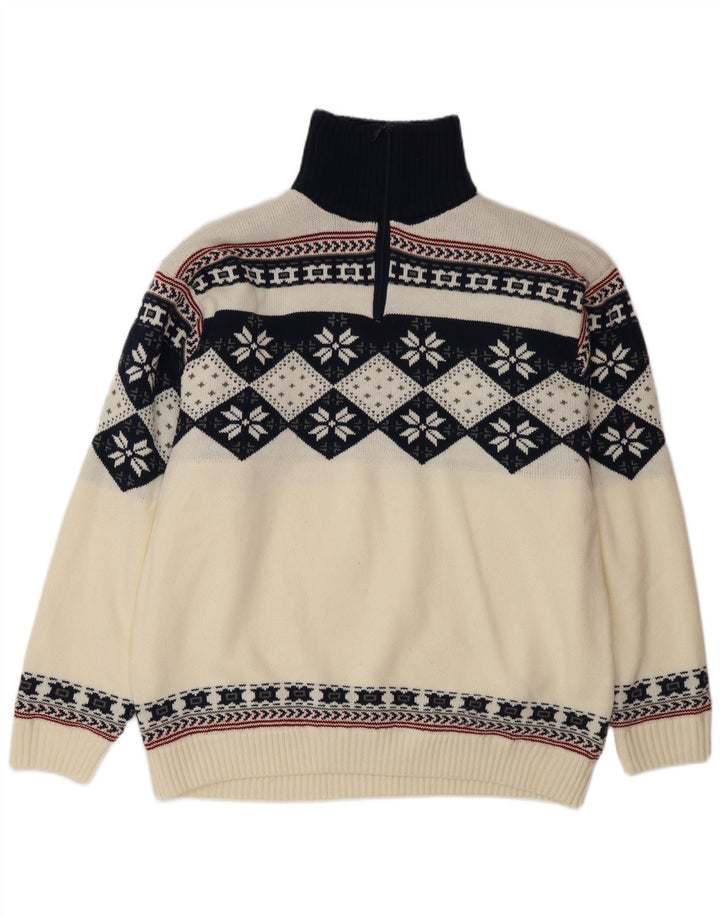 Vintage Mens Zip Neck Jumper Sweater Large White Fair Isle Polyacrylic