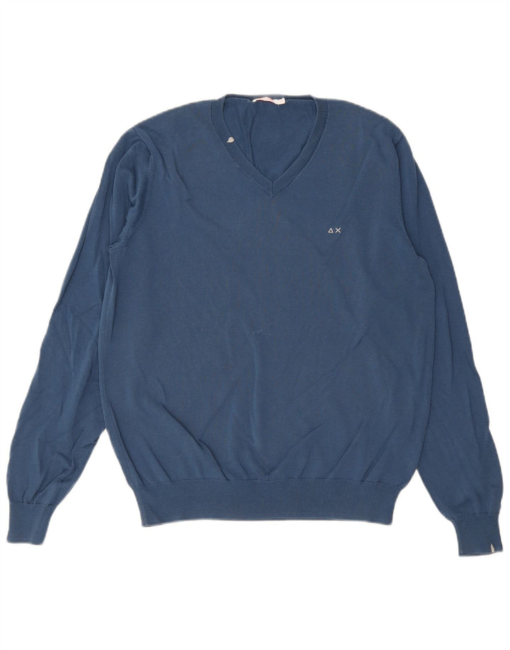 Sun68 Mens V-Neck Jumper Sweater Large Blue Cotton Classic