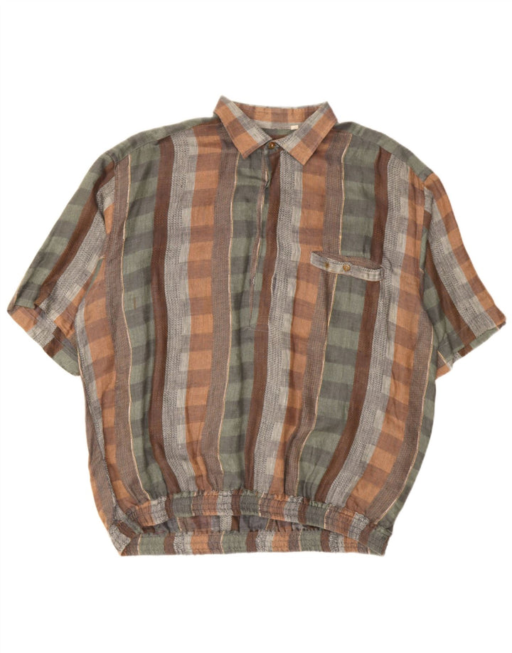 Vintage Mens Short Sleeve Pullover Shirt XL Multicoloured Check Linen
