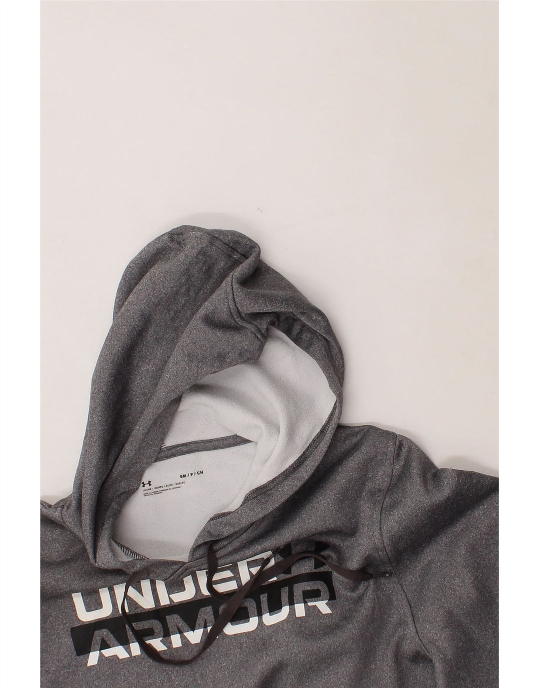 UNDER ARMOUR Mens Graphic Hoodie Jumper Small Grey Polyester Vintage Under Armour and Second-Hand Under Armour from Messina Hembry 
