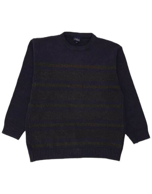 Four Seasons Mens Crew Neck Jumper Sweater Medium Navy Blue Striped Acrylic