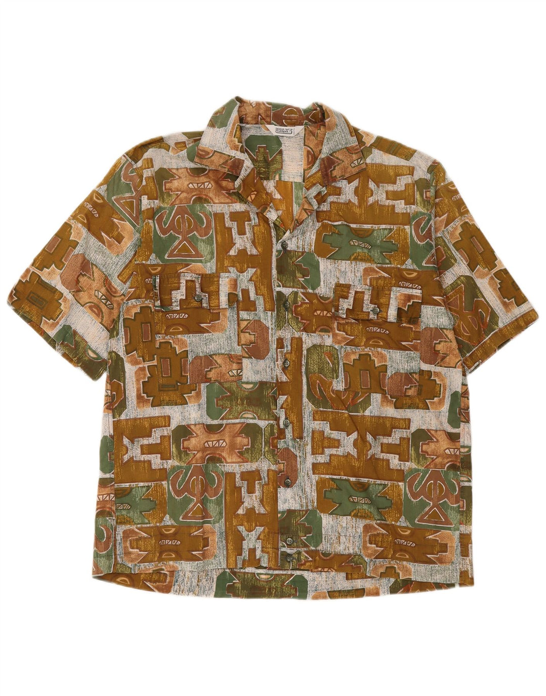 Vintage Kortærmet Herreskjorte Medium Khaki Geometrisk