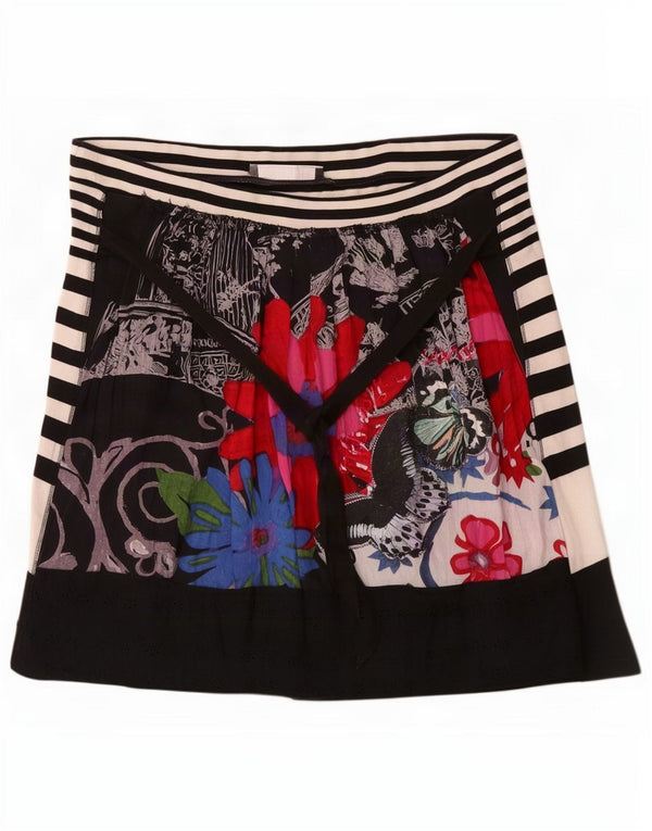 Desigual Dame Grafisk Højtalje A-Line nederdel XL W34 Sort Blomster Bomuld
