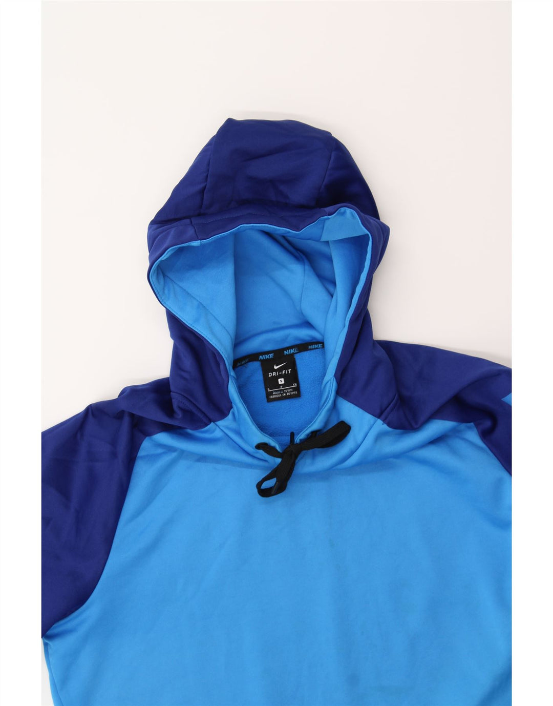 NIKE Mens Dri Fit Graphic Hoodie Jumper Small Blue Colourblock Polyester Vintage Nike and Second-Hand Nike from Messina Hembry 