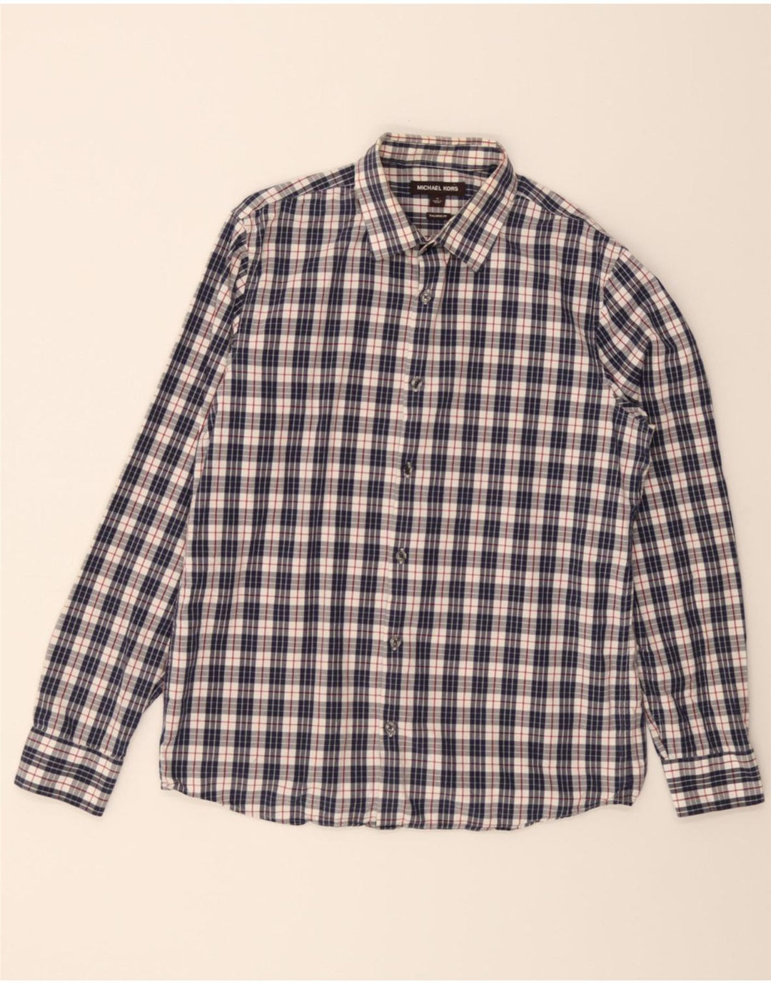 MICHAEL KORS Mens Tailored Fit Shirt Medium Navy Blue Check Cotton Vintage Michael Kors and Second-Hand Michael Kors from Messina Hembry 