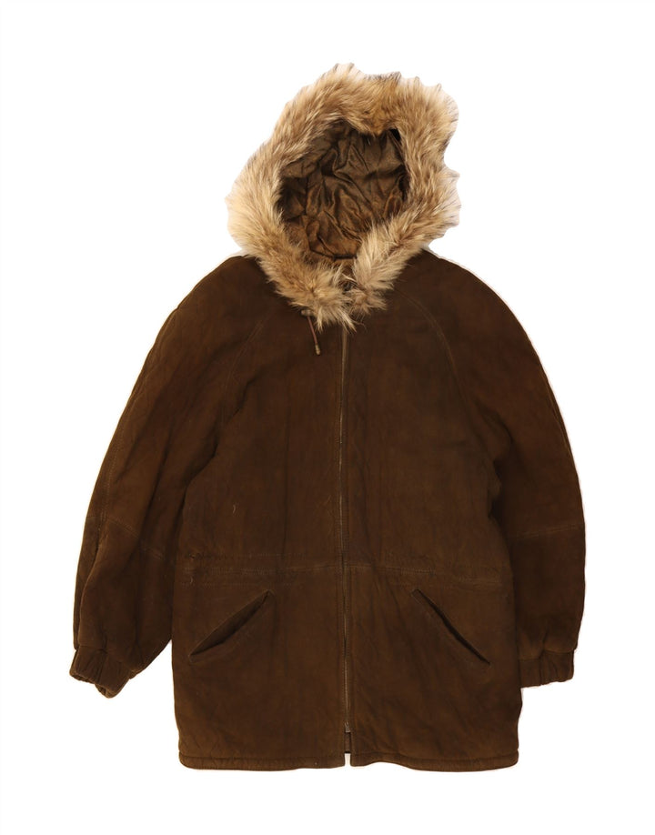 VINTAGE Womens Hooded Suede Parka Jacket EU 42 Large Brown Leather Vintage Vintage and Second-Hand Vintage from Messina Hembry 