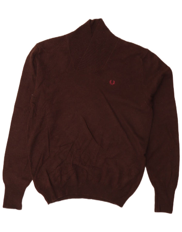 Fred Perry Mens Shawl Neck Jumper Sweater Large Brown Lambswool
