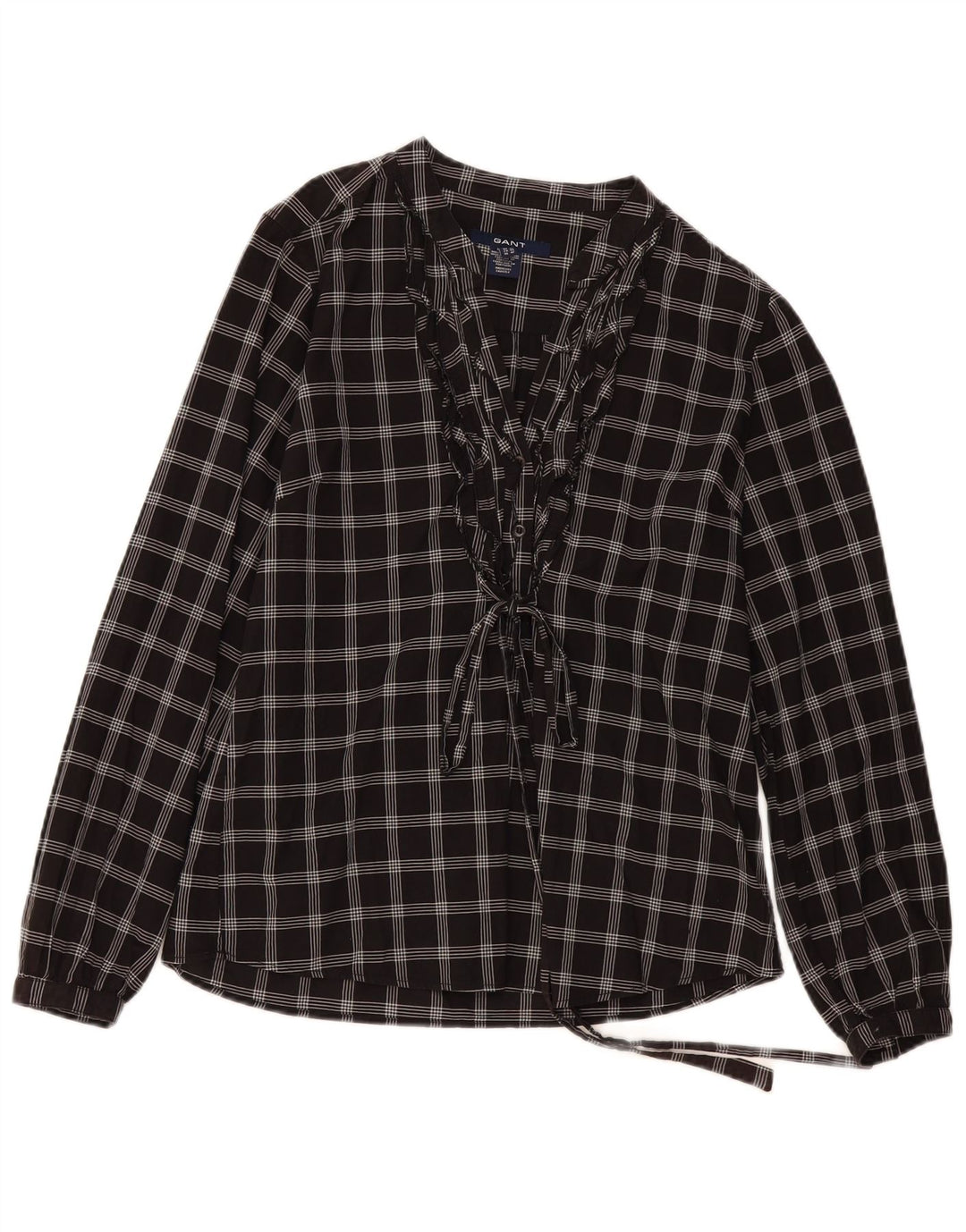 Gant Womens Ruffle Front Long Sleeve Blouse Top UK 16 Large Black Check