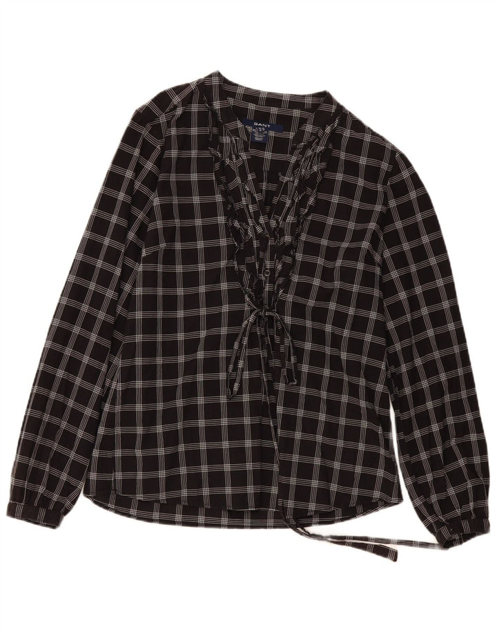 Gant Womens Ruffle Front Long Sleeve Blouse Top UK 16 Large Black Check